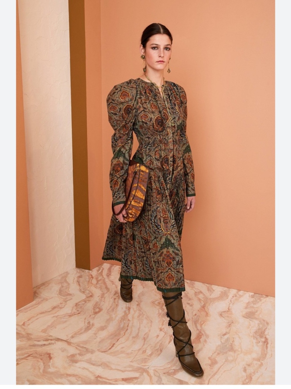 Ulla Johnson Green Paisley Midi Dress with Puff Sleeves